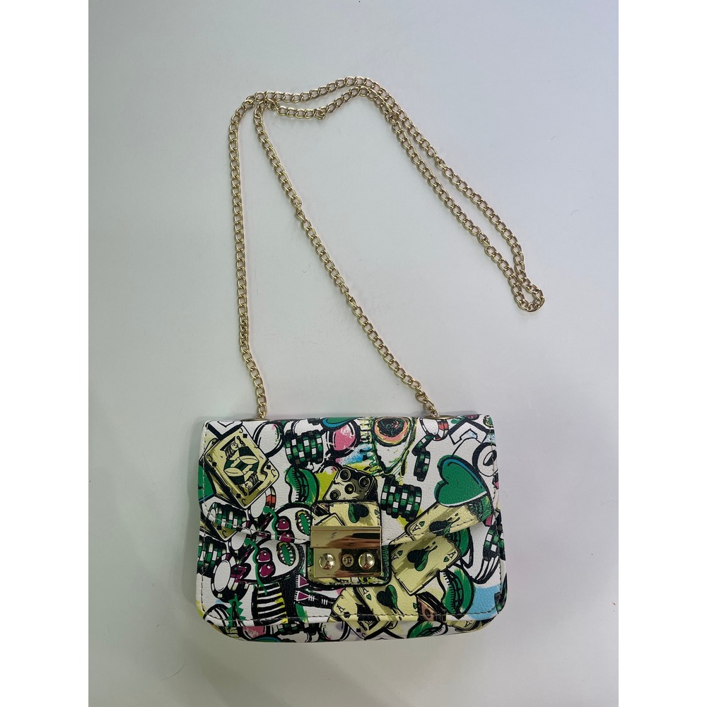 Graphic Print Casino Playing Cards Dice Crossbody Bag Gold Chain Strap